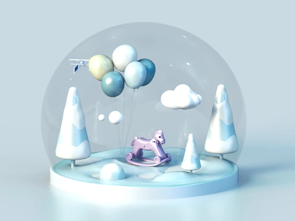A snow globe holding a rocking horse and balloons